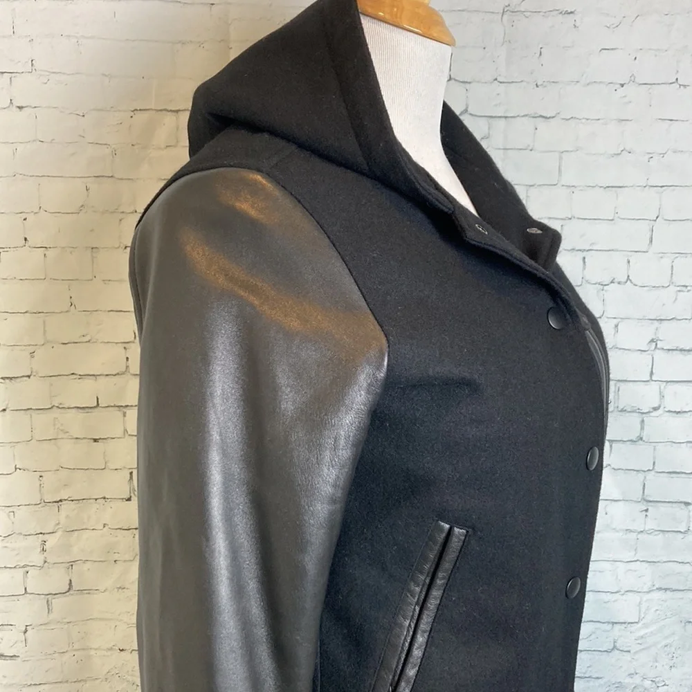 Nike NSW Black Leather Wool Hooded Destroyer Varsity Bomber Jacket S Letterman